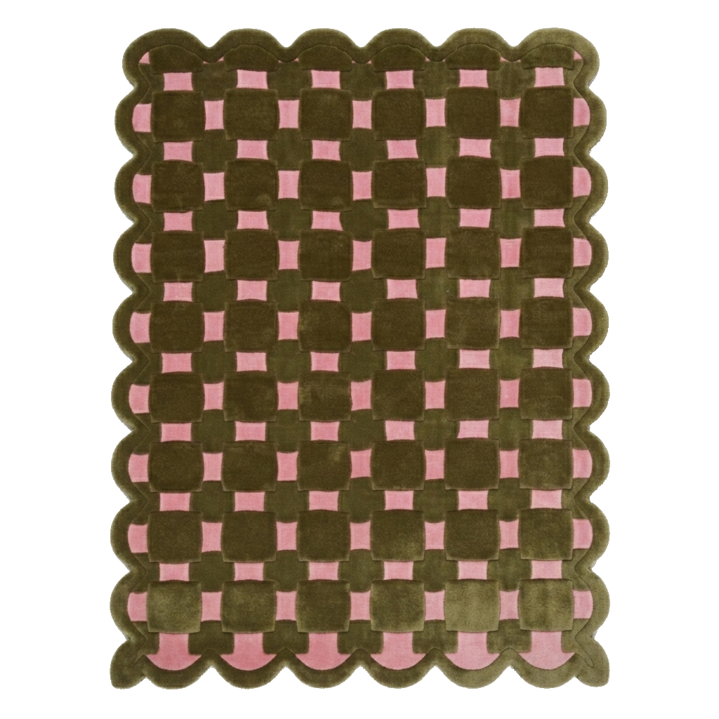 Olive and Pink Basketweave Hand-Tufted Rug with Scalloped Edge