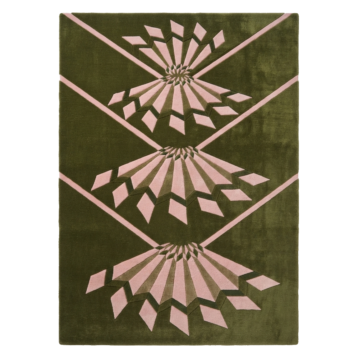 Olive Green Hand-Tufted Rug with Pink Art Deco Fans