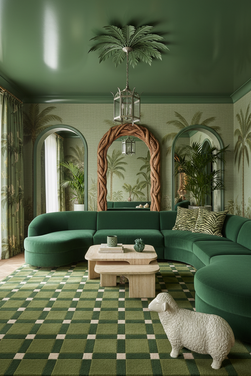 A styled interior scene with a curved green sectional sofa, matching green rug, palm-pattern wallpaper, arched windows, a hanging lantern, and a white sheep figurine in the foreground.