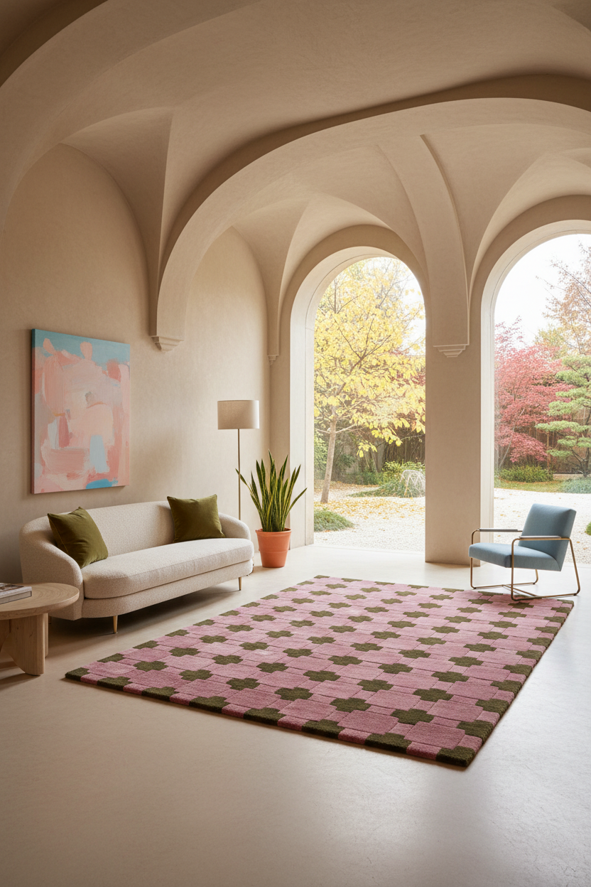 A pink and olive green patterned area rug in a modern, elegant living room with arched windows and a cream-colored sofa.