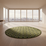 A round area rug with a green and beige checkered pattern, placed on a light wood floor in a modern room with large windows overlooking a city skyline.