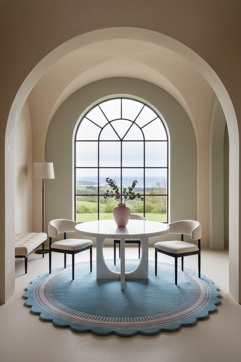 A round white dining table with four white upholstered chairs sits on a scalloped light blue rug in a bright room with a large arched window and outdoor view. A pink vase with branches is centered on the table, and a floor lamp and bench are visible against the beige walls.