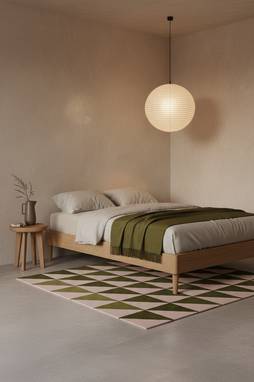 A modern minimalist bedroom featuring a low wooden platform bed with white bedding and a green throw blanket, styled with a geometric green and pink rug, a small wooden side table with a vase, and a large spherical pendant light hanging above.