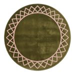 Olive Green Round Hand-Tufted Rug with Cream Trellis Border