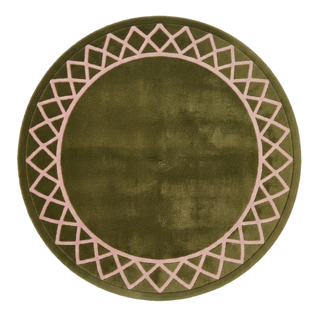 Olive Green Round Hand-Tufted Rug with Cream Trellis Border