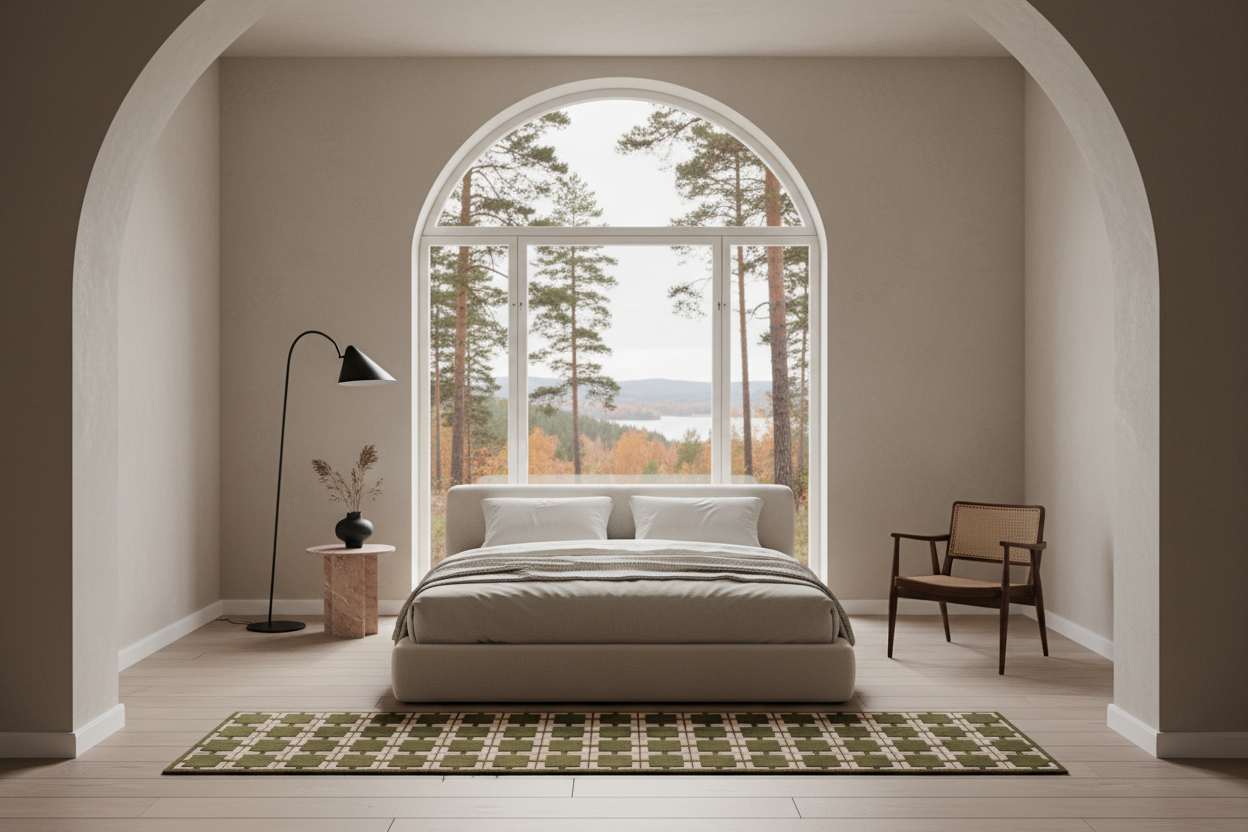 A minimalist bedroom interior with a low platform bed centered beneath a large arched window, flanked by a black floor lamp and a wooden chair. The room has warm beige walls and flooring, with a green and beige plaid rug in front of the bed.