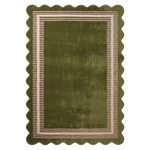 Olive Green Hand-Tufted Rug with Cream Border and Scalloped Edge