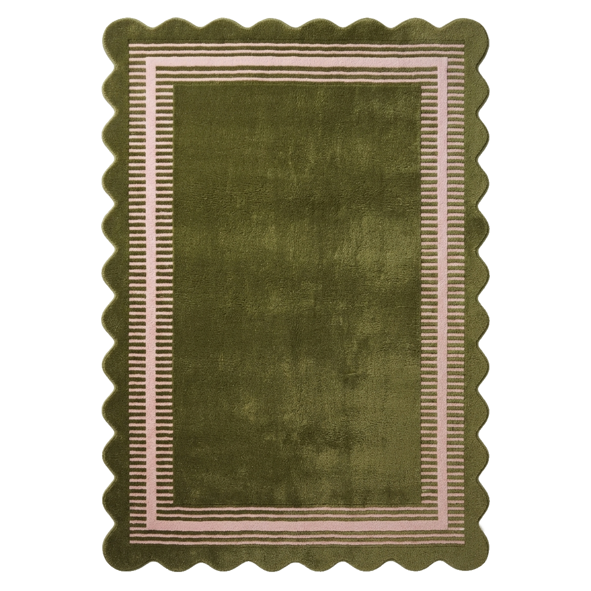 Olive Green Hand-Tufted Rug with Cream Border and Scalloped Edge