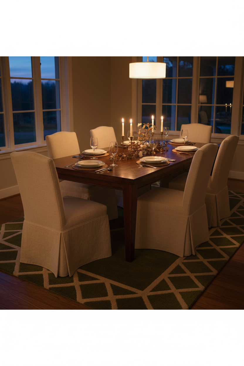A dark wood rectangular dining table set with six upholstered dining chairs in a warm beige slipcover, arranged on a geometric patterned rug in a dining room at dusk.
