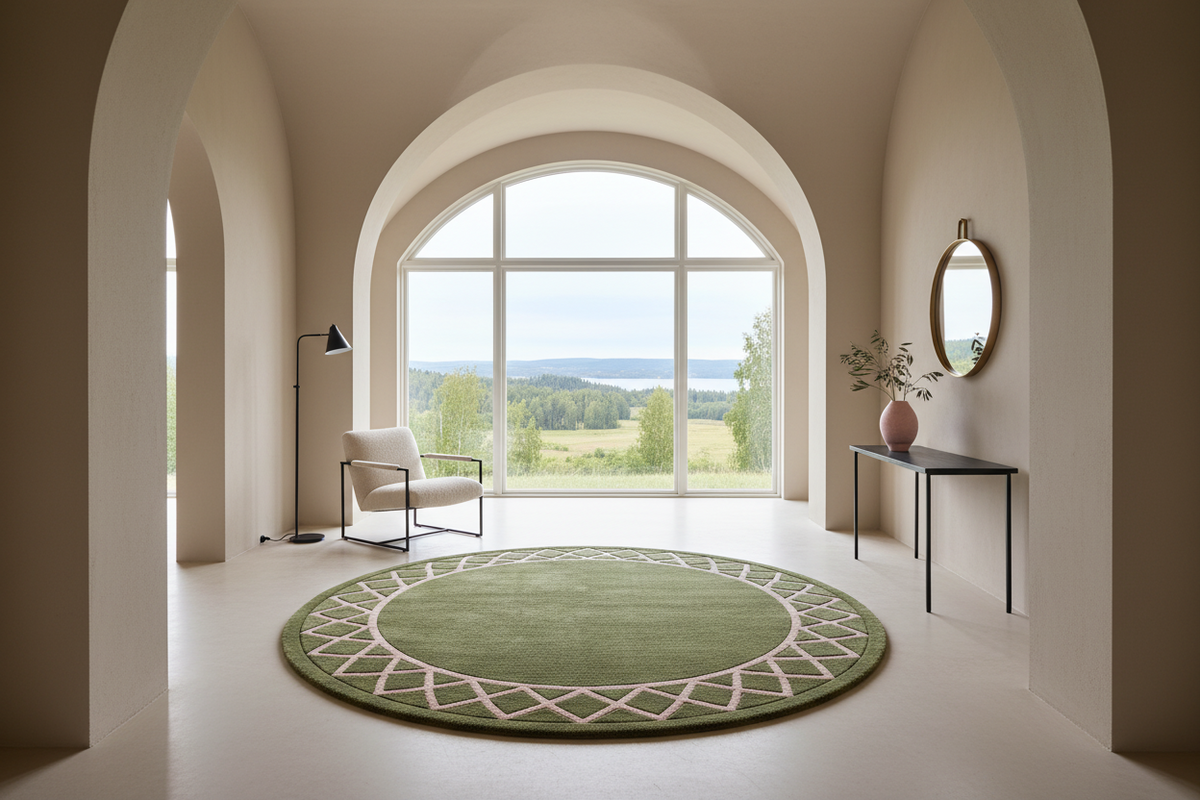 A round green area rug with a cream geometric lattice border is displayed in a modern, minimalist room with arched walls, a large window overlooking a landscape, and a white armchair.