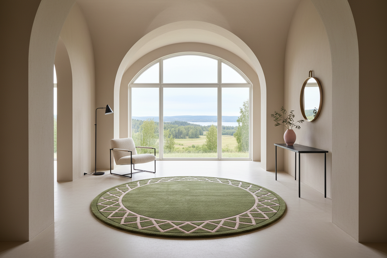 A round green area rug with a cream geometric lattice border is displayed in a modern, minimalist room with arched walls, a large window overlooking a landscape, and a white armchair.