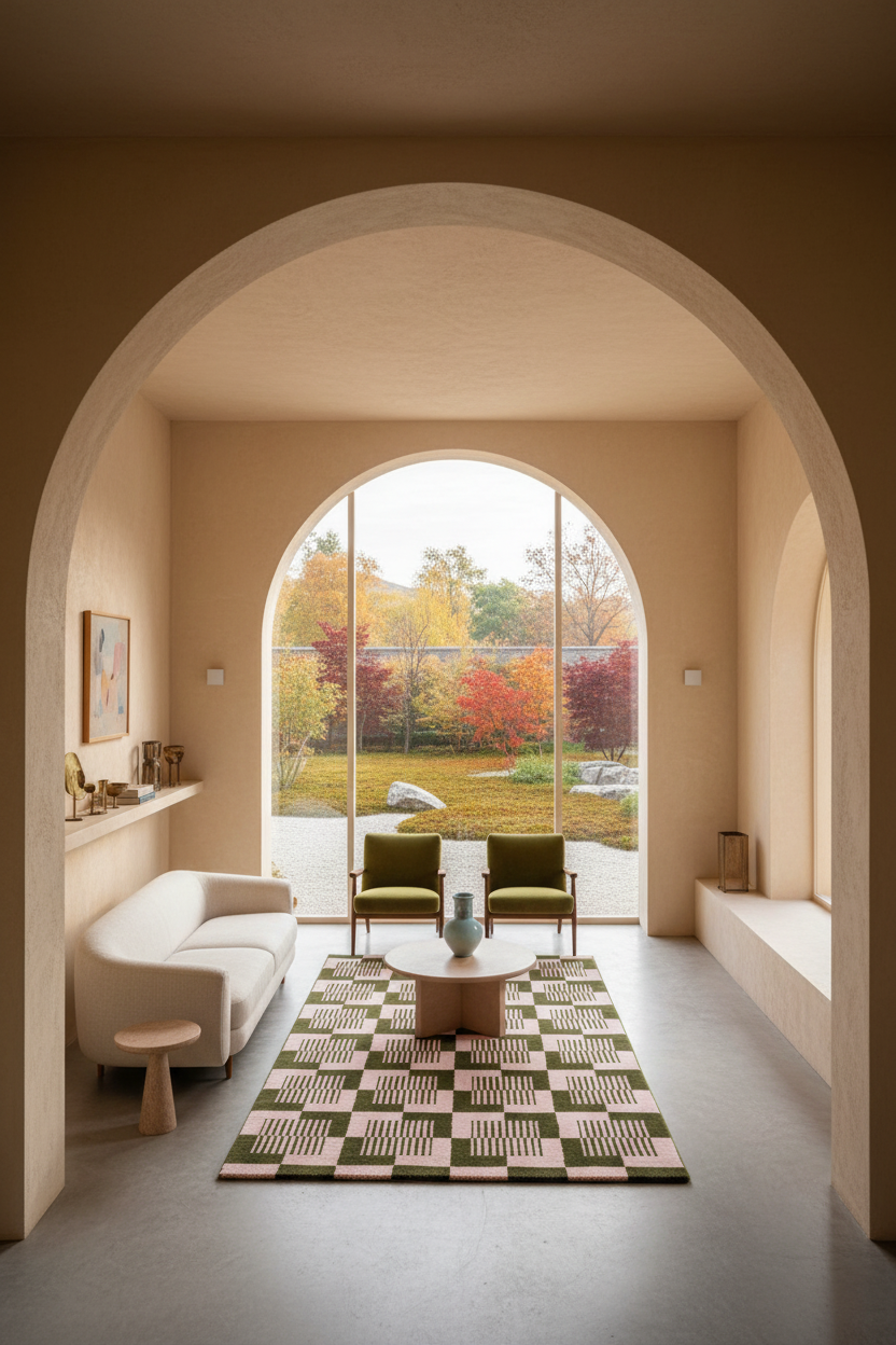 A modern interior scene viewed through a large arched doorway, showing a living room with a cream sofa, green armchairs, a patterned rug, and a round coffee table. A large arched window in the back looks out onto a garden with autumn trees.
