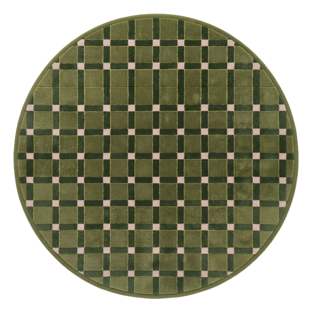 Olive Green Round Hand-Tufted Rug with Pink Windowpane Grid
