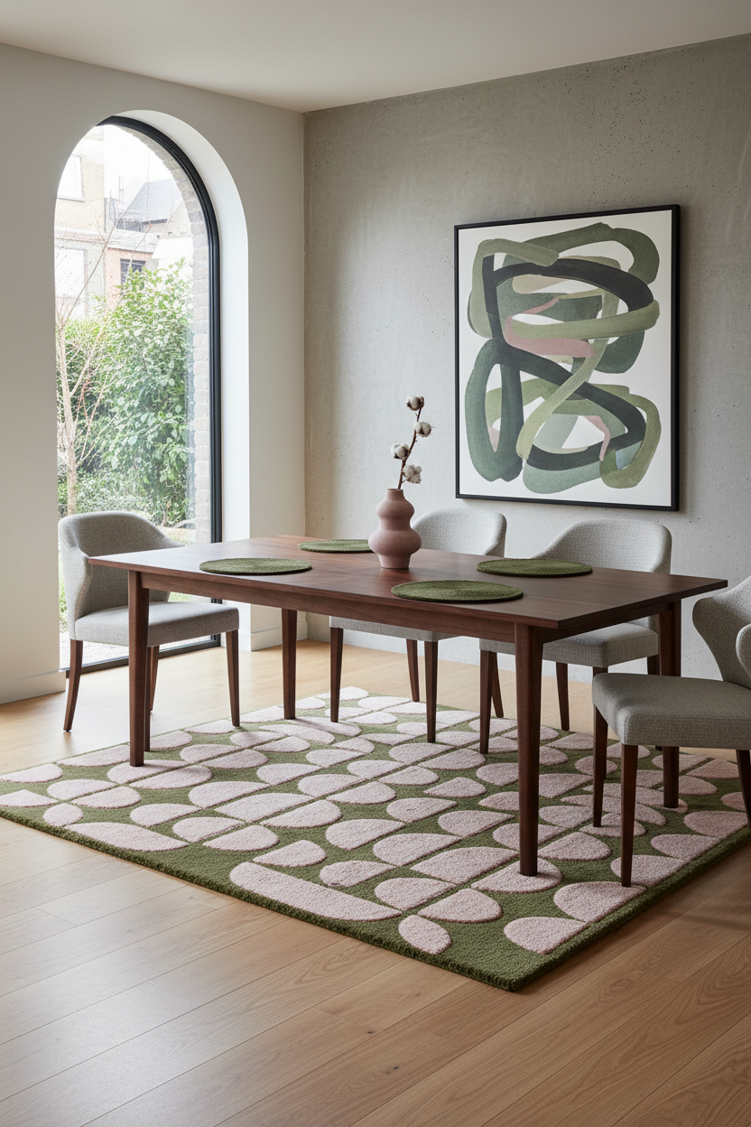A modern dining room scene featuring a dark wood rectangular table, six gray upholstered chairs, a green and white patterned area rug, and a large abstract green and black wall art piece on a gray wall.