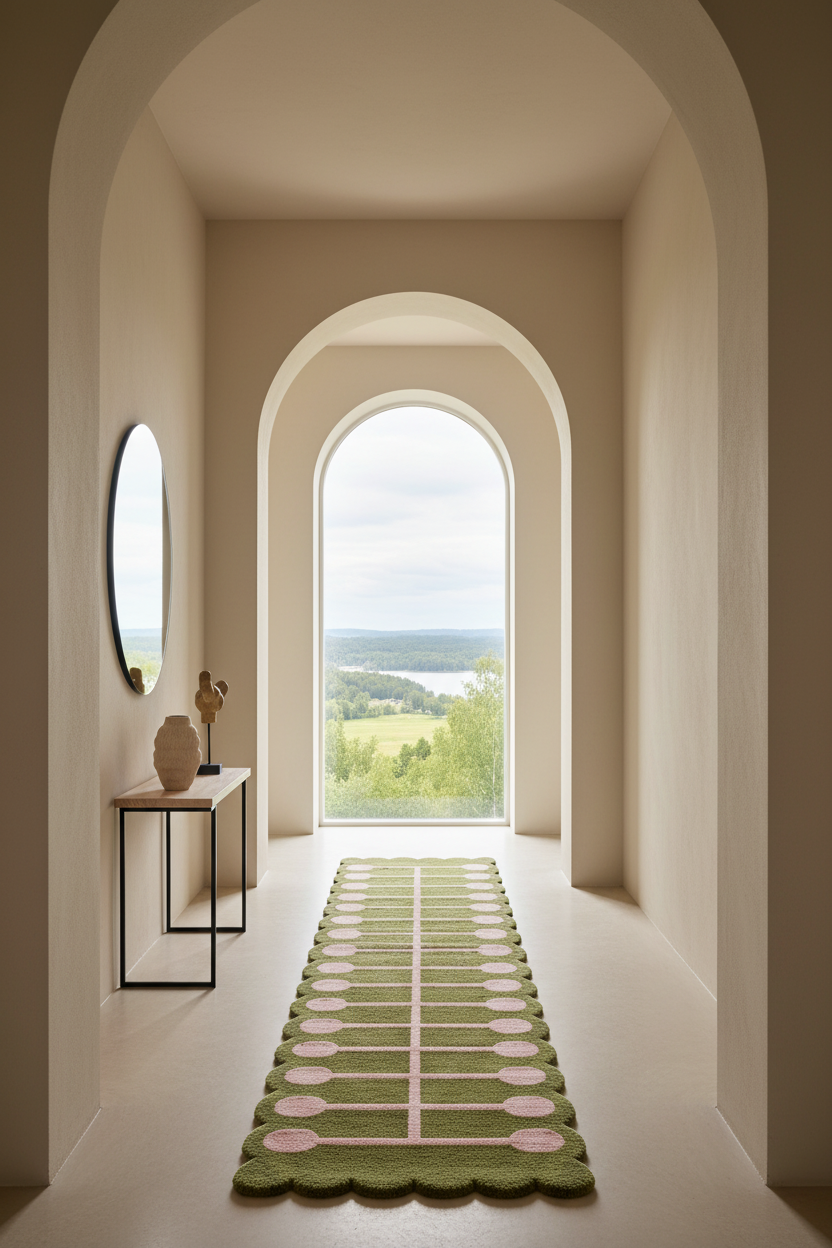 A long green runner rug with scalloped edges and pink oval motifs lies on a light floor in a narrow arched hallway leading to a large window with an outdoor landscape view.