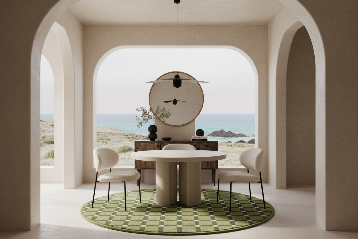 A modern dining room interior with a round white table, four cream chairs, a green patterned rug, and a large circular wall mirror, set within a beige arched structure overlooking a coastal landscape.