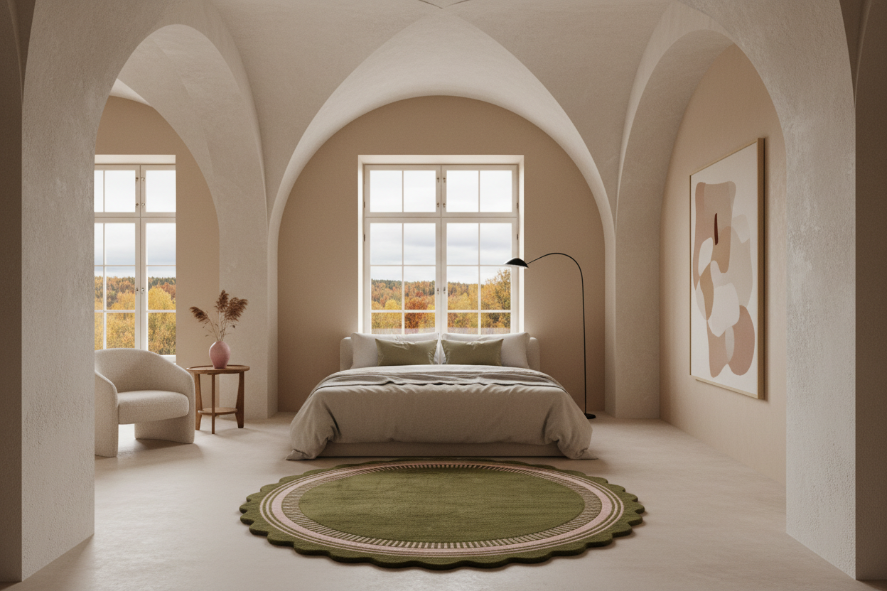 A beautifully styled bedroom with a bed, a round green rug, a modern floor lamp, and a white armchair, set within a room featuring arched plaster walls and windows looking out onto an autumnal landscape.