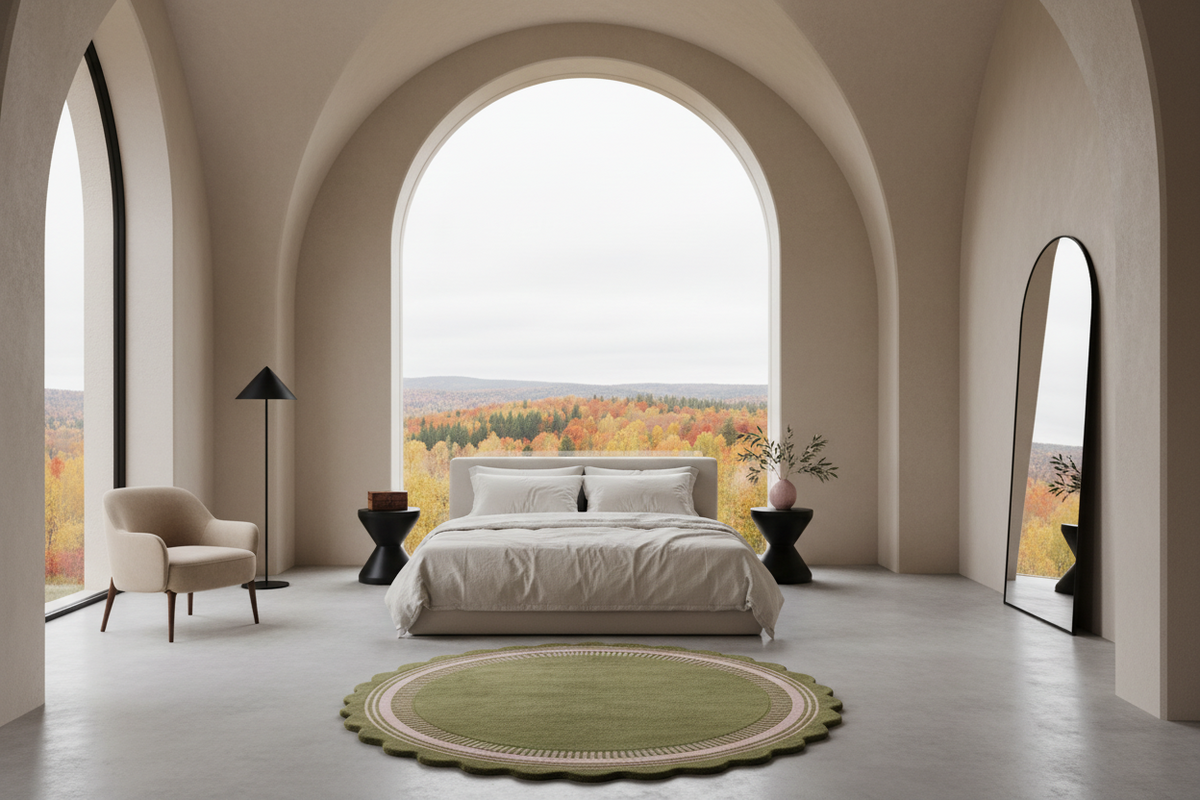 A modern bedroom interior with a large bed centered under a massive arched window overlooking an autumn forest. The room has warm beige walls, a light gray floor, a round green rug in front of the bed, a beige armchair, a black floor lamp, and a tall floor mirror.