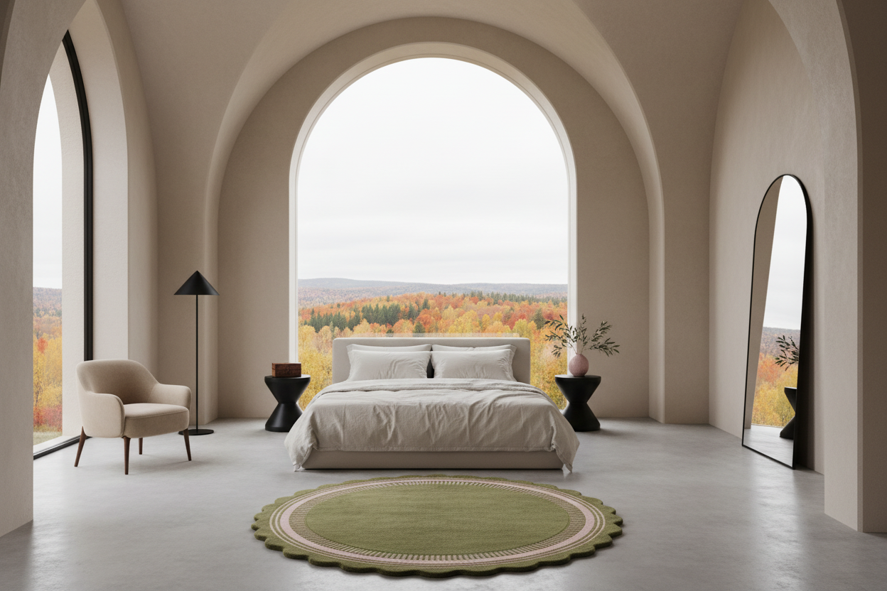 A modern bedroom interior with a large bed centered under a massive arched window overlooking an autumn forest. The room has warm beige walls, a light gray floor, a round green rug in front of the bed, a beige armchair, a black floor lamp, and a tall floor mirror.