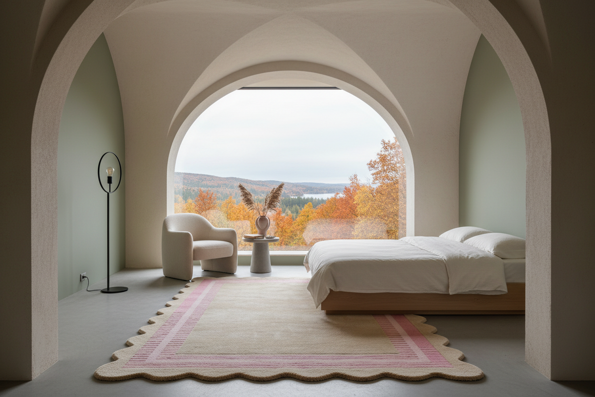A modern bedroom with a large bed, cream armchair, and pink patterned rug, framed by arched stone-like columns. A large arched window reveals an autumn forest view, and the room has soft sage green walls.
