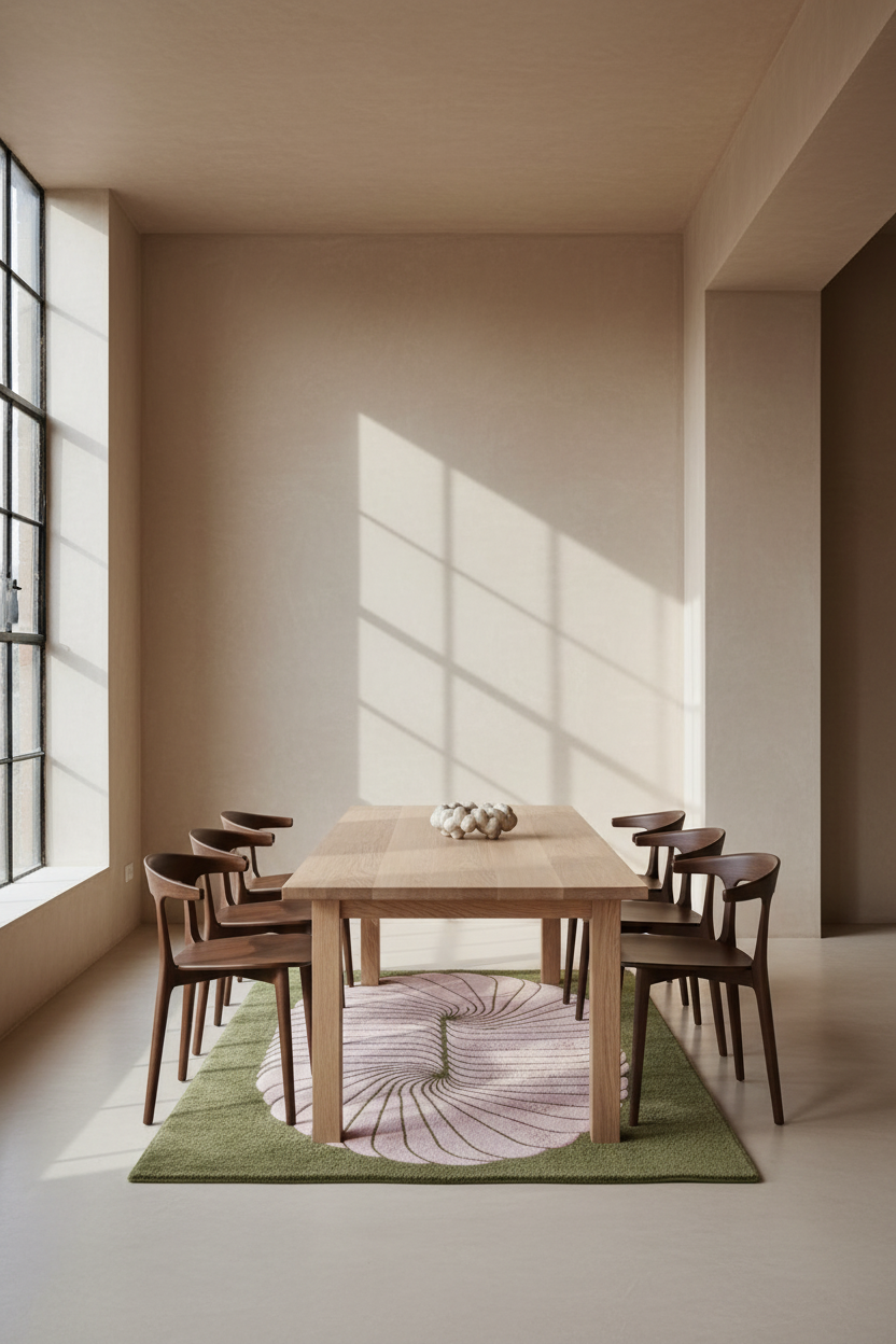 A minimalist dining room scene featuring a light wood rectangular table surrounded by six dark wood chairs on a green and pink patterned rug. The room has warm beige walls, a large window on the left casting diagonal light, and a clean, modern aesthetic.