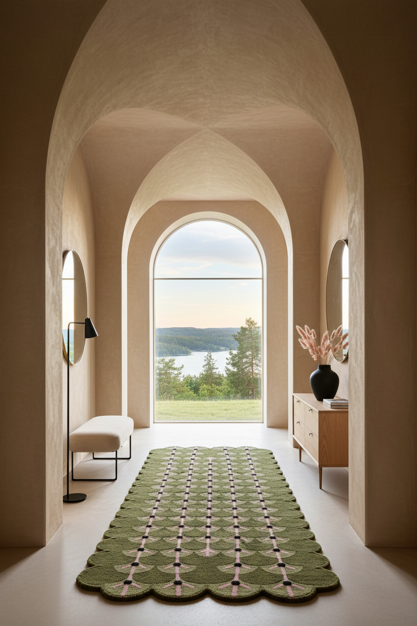 A long green patterned rug with scalloped edges lies centered in a long hallway with arched windows, showing a lake and forest view outside. A white bench, floor lamp, and wooden cabinet with a vase of branches are placed along the sides.