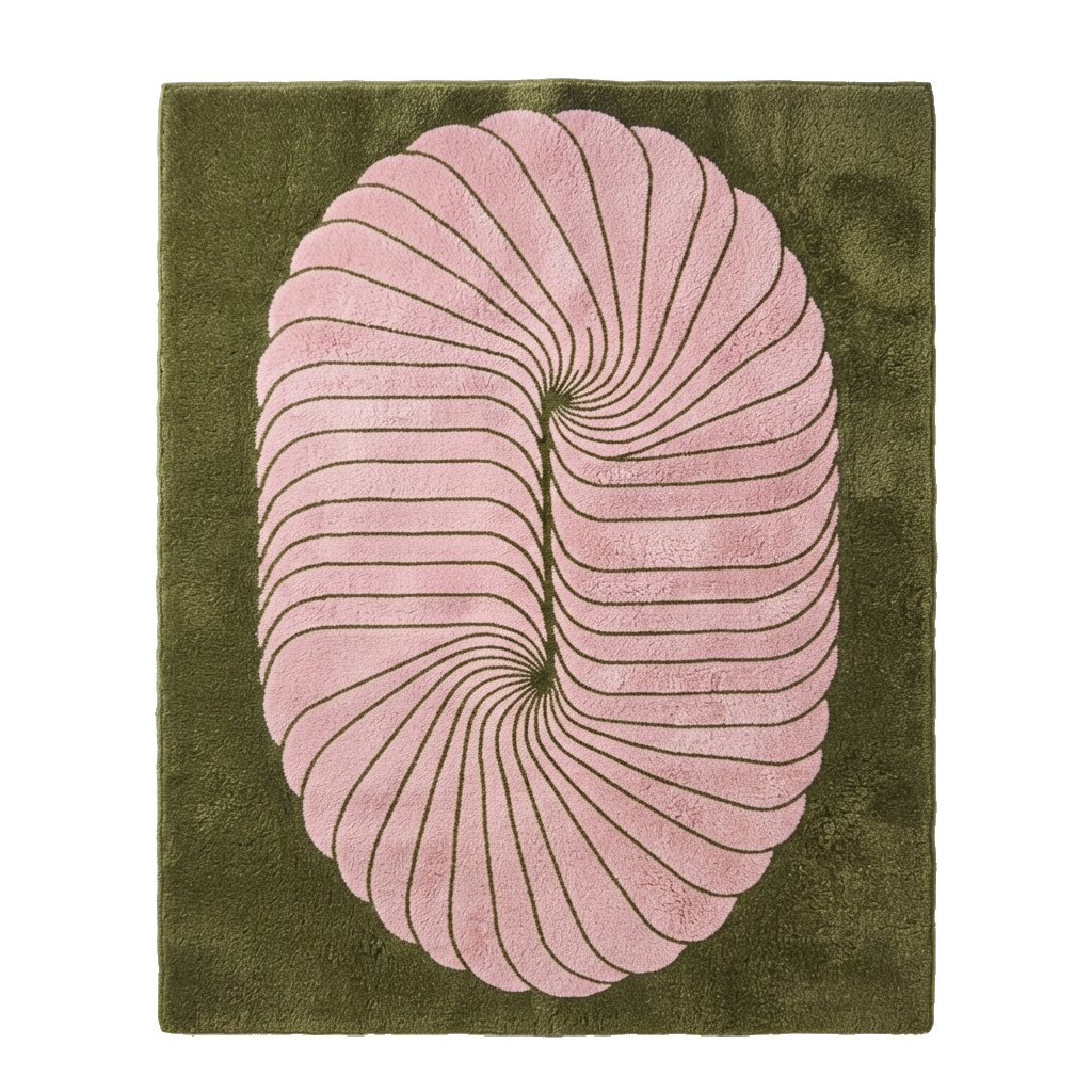 Olive Green Hand-Tufted Rug with Pink Art Deco Swirl Medallion