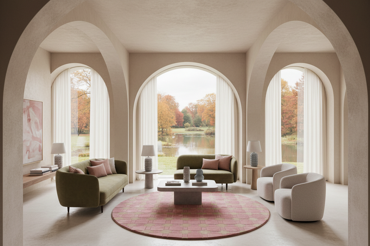 A luxury interior design scene featuring a modern living room with arched windows looking out to a lake and autumn trees. The room contains olive green sofas, cream armchairs, a pink patterned round rug, and a central coffee table.