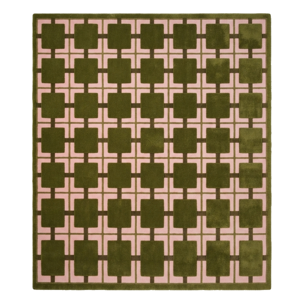 Olive Green Hand-Tufted Rug with Pink Cross Grid