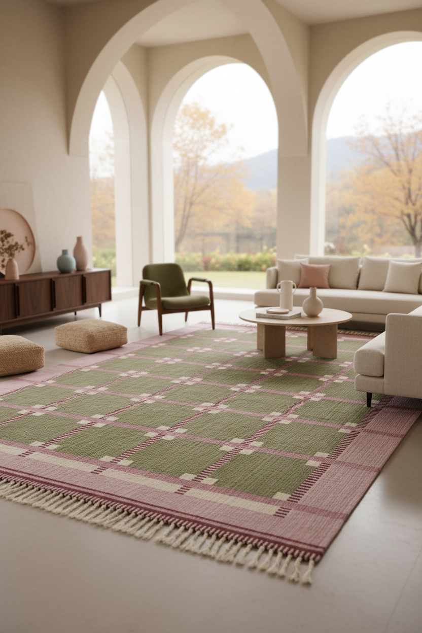 A large woven area rug with a green, pink, and cream geometric grid pattern and cream fringe, styled in a modern living room with arched windows and a light-colored sofa.