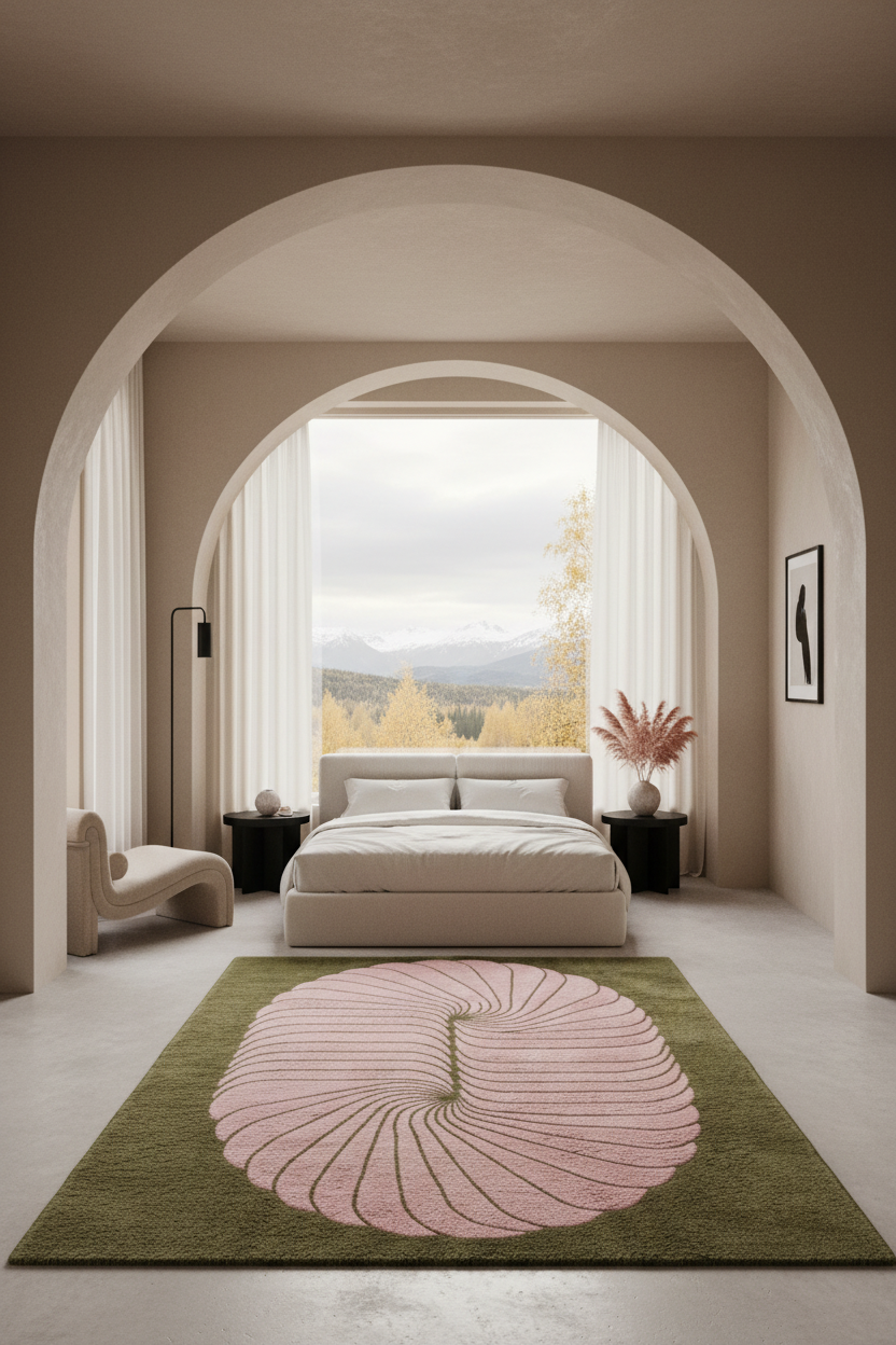 A modern bedroom interior with a large pink shell-shaped rug on an olive green rectangular area rug, positioned in front of a bed. The room features warm beige walls, arched doorways, and a large window looking out onto a mountain landscape.