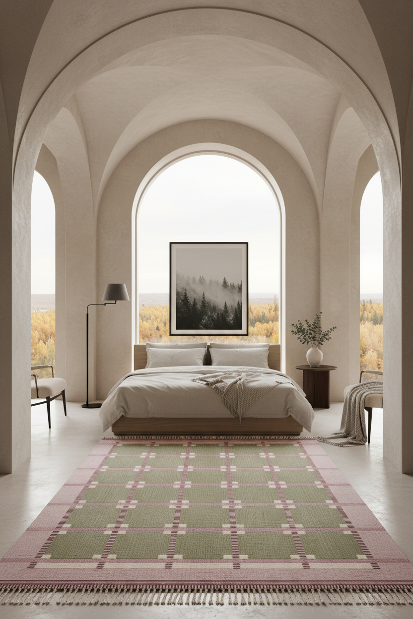 A large rectangular area rug with a green and pink plaid pattern and fringe, styled on a light floor in a modern, arched bedroom.