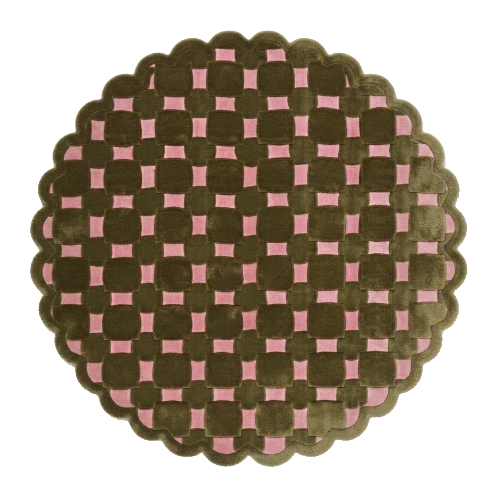 Olive and Pink Checkered Round Hand-Tufted Rug with Scalloped Edge