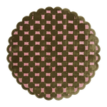 Olive and Pink Checkered Round Hand-Tufted Rug with Scalloped Edge