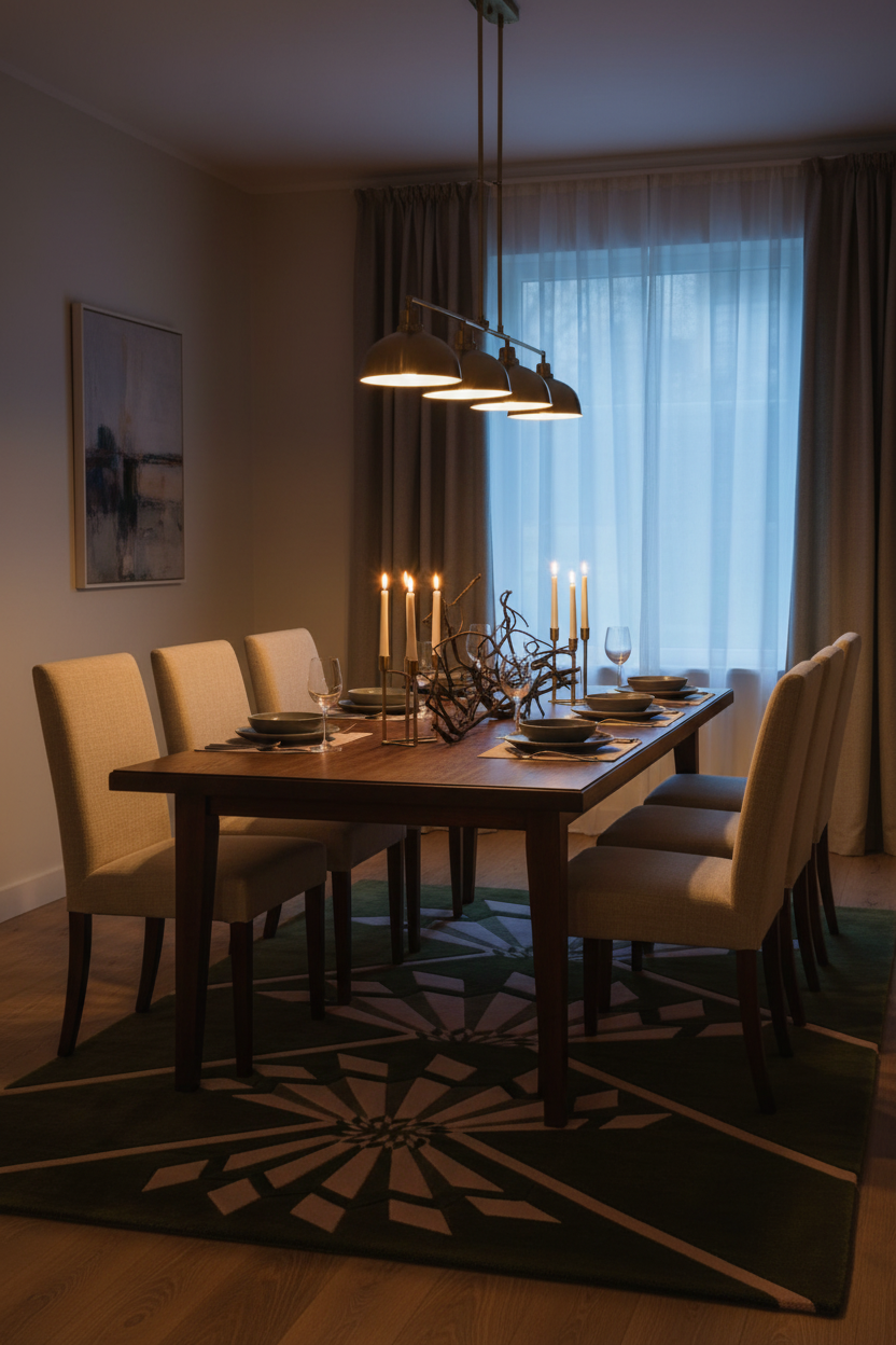A modern dining room setup featuring a rectangular wooden dining table surrounded by six cream upholstered chairs, set on a dark geometric patterned rug. A multi-light linear pendant chandelier hangs over the table, which is styled with lit candles and glassware.
