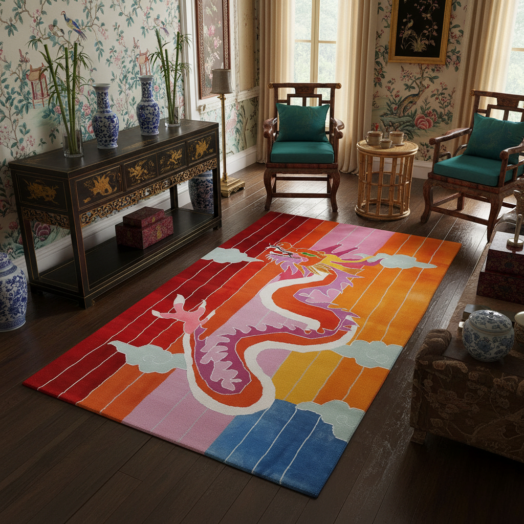 Colorful dragon rug in a room with floral wallpaper and wooden furniture.