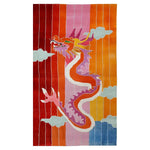 Vibrant hand-tufted wool area rug featuring a dynamic dragon design in bold colors of red, orange, pink, and blue, with cloud motifs. Perfect for adding an artistic flair to any room.