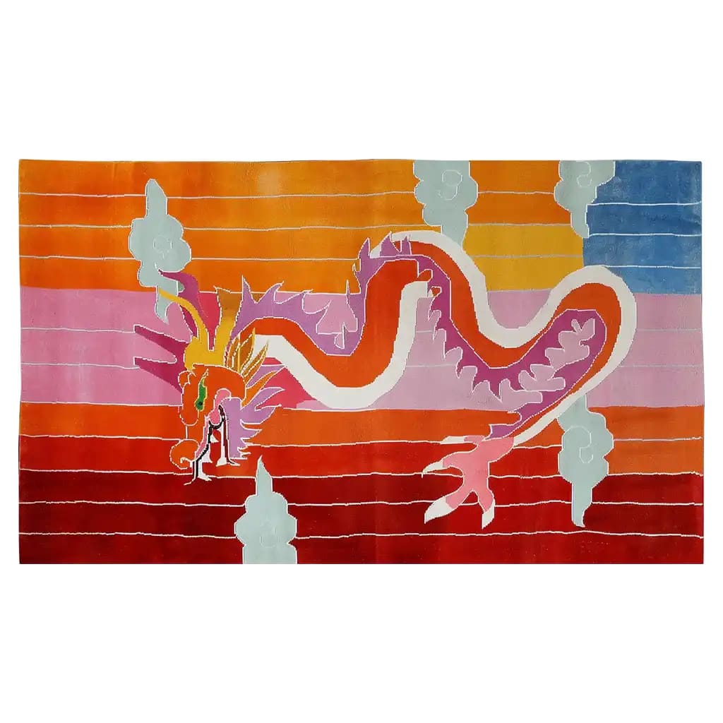 Vibrant area rug featuring an abstract dragon design in bold colors, perfect for adding a unique touch to rugs for living room. This hand-tufted wool rug showcases a mix of orange, pink, red, and blue hues, creating a captivating visual appeal.