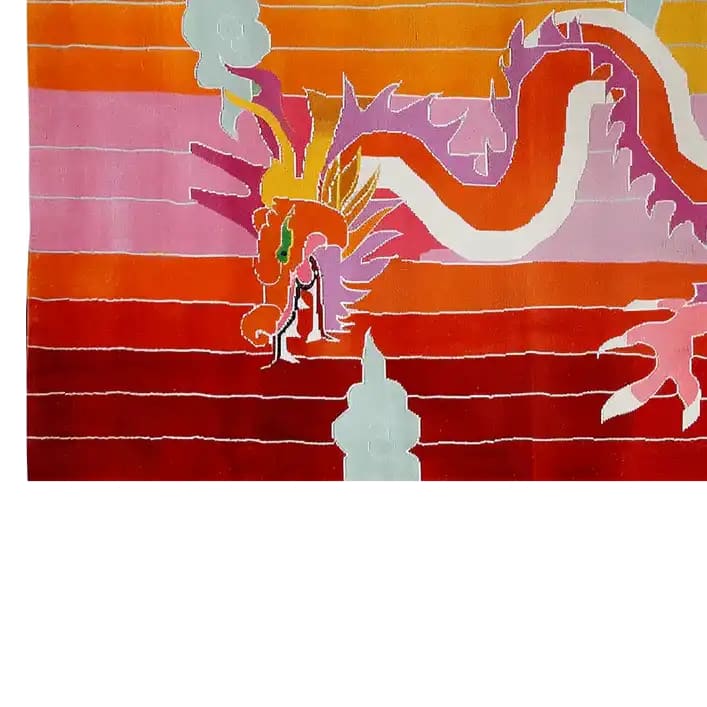 Vibrant Dragon Ascent Hand Tufted Wool Rug showcasing abstract dragon design in bold red and orange hues. Perfect area rug for adding color to your living room, crafted from high-quality wool.