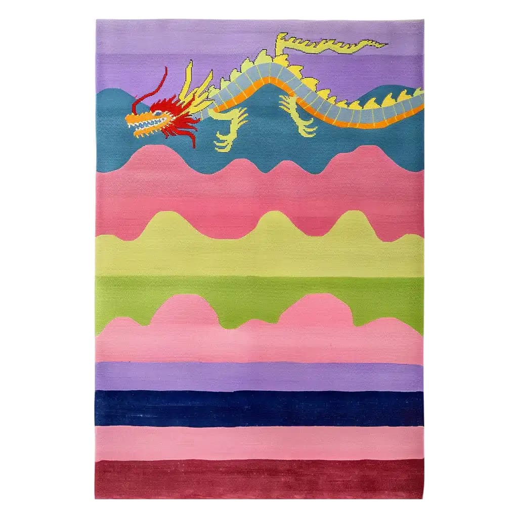 Vibrant hand-tufted wool area rug featuring an abstract dragon design. The rug displays a colorful array of wavy patterns in shades of pink, green, blue, and purple, with a striking dragon motif across the top.