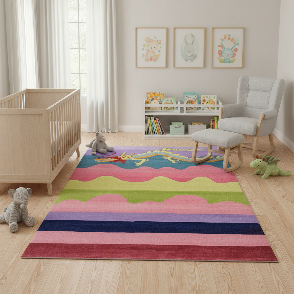 Children's room with a colorful striped rug, crib, and rocking chair.