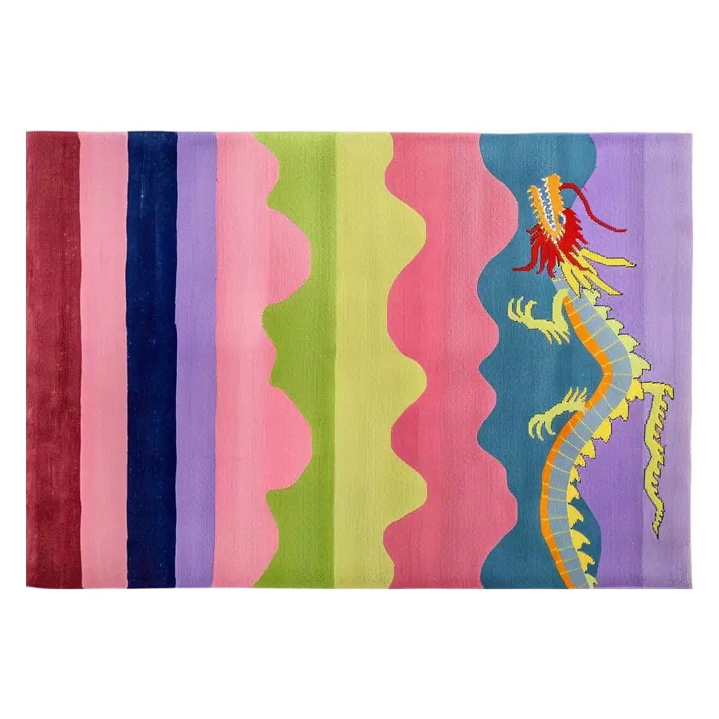 Vibrant hand-tufted wool area rug featuring a colorful abstract dragon design amid wavy stripes in shades of pink, blue, purple, and green.
