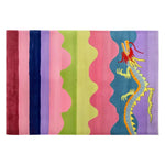 Vibrant hand-tufted wool area rug featuring a colorful abstract dragon design amid wavy stripes in shades of pink, blue, purple, and green.