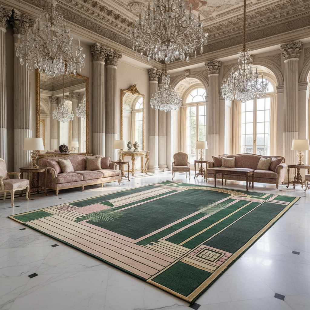 Luxurious living room with ornate decor, chandeliers, and a large patterned rug.