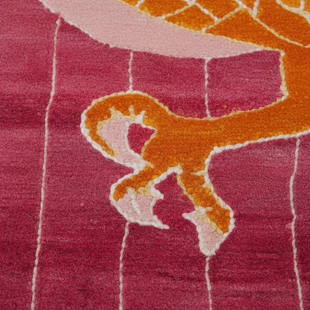 Close-up of a textured rug with pink and orange patterns