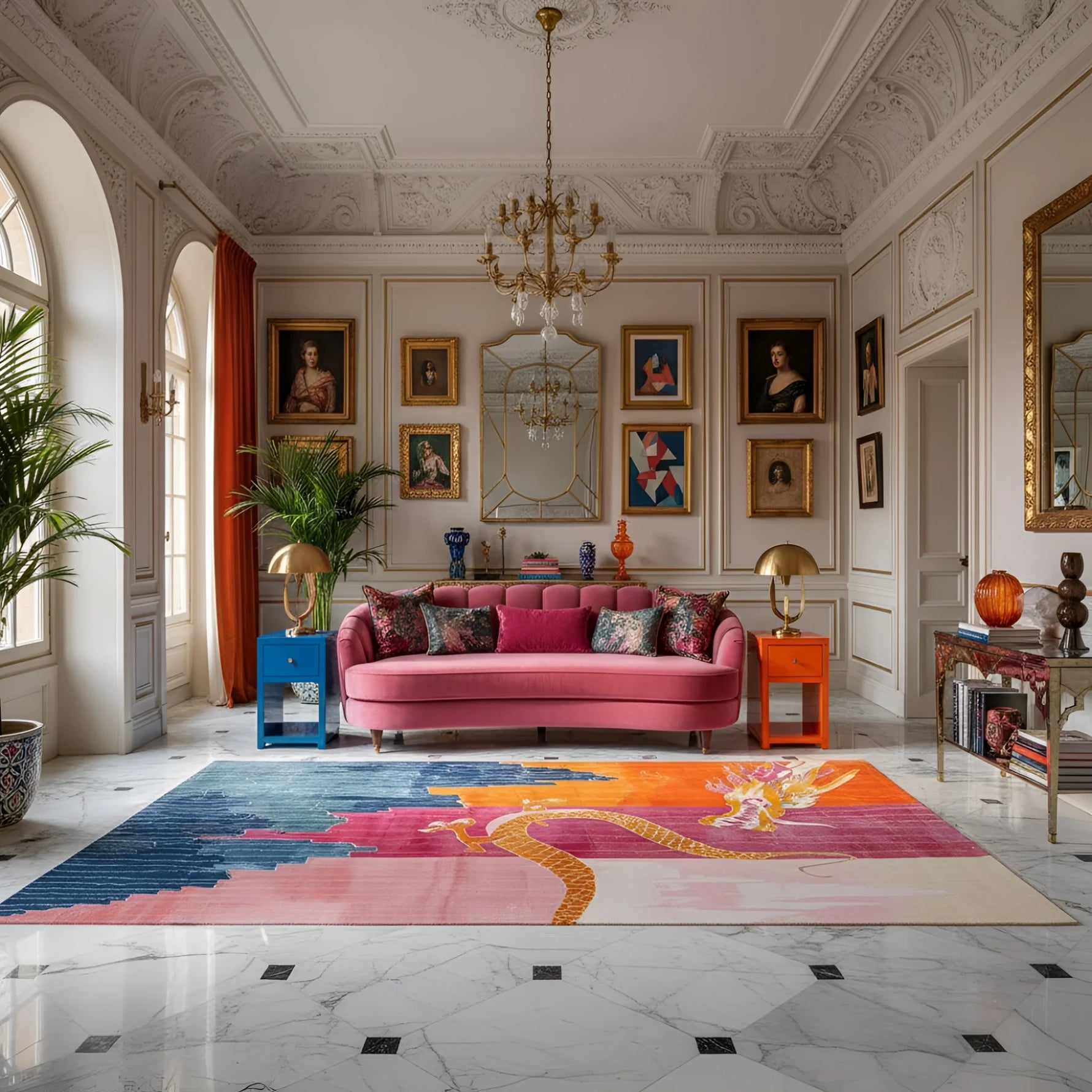 Luxurious living room with a pink sofa, colorful rug, and ornate decor.