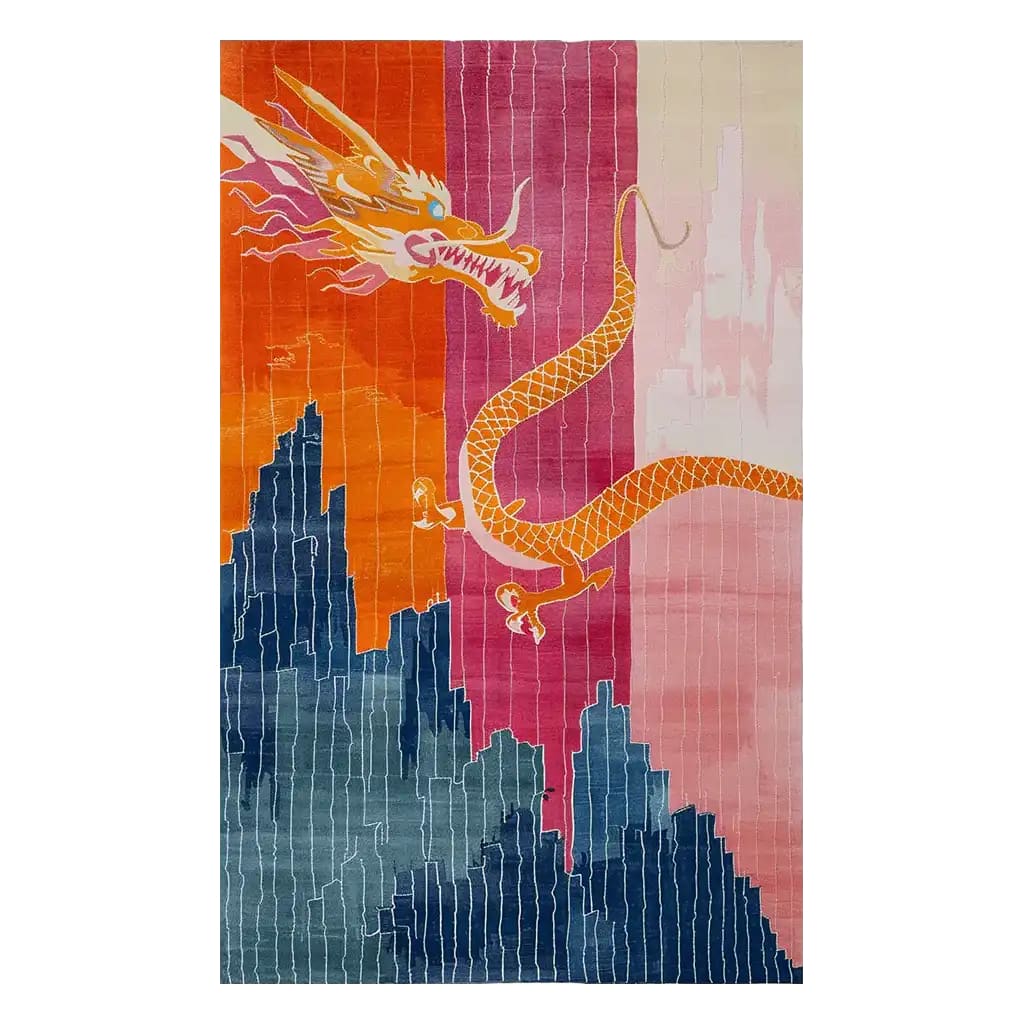 Vibrant Dragon Horizon Hand Tufted Wool Area Rug featuring a striking dragon design in rich orange, pink, and blue hues. Perfect for adding a bold statement to any living space.