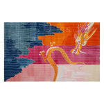 Vibrant area rug featuring a majestic dragon design, hand-tufted in rich wool with bold colors of orange, pink, and blue, creating a striking abstract pattern.