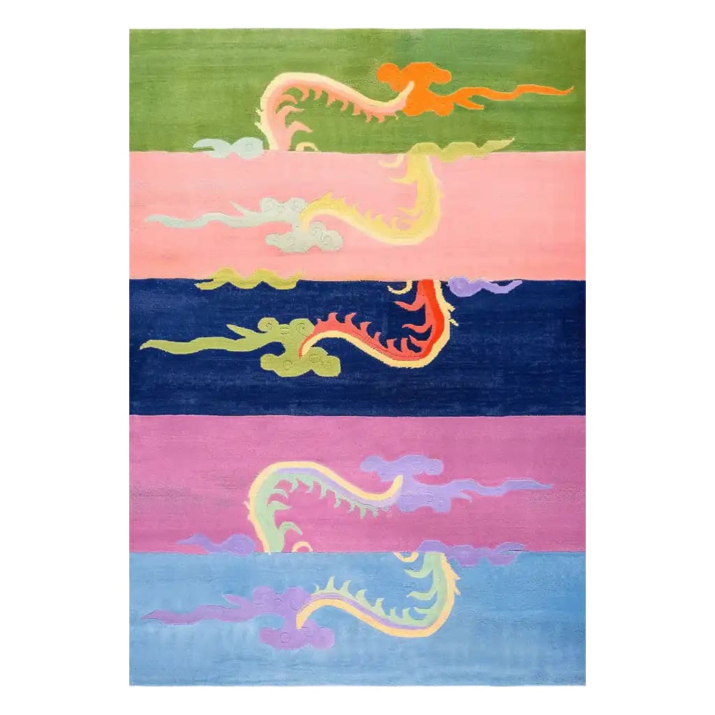 Top view of the Dragon Horizon Symphony Hand Tufted Wool Area Rug, showcasing vibrant horizontal stripes in green, pink, blue, and purple with an abstract dragon design.
