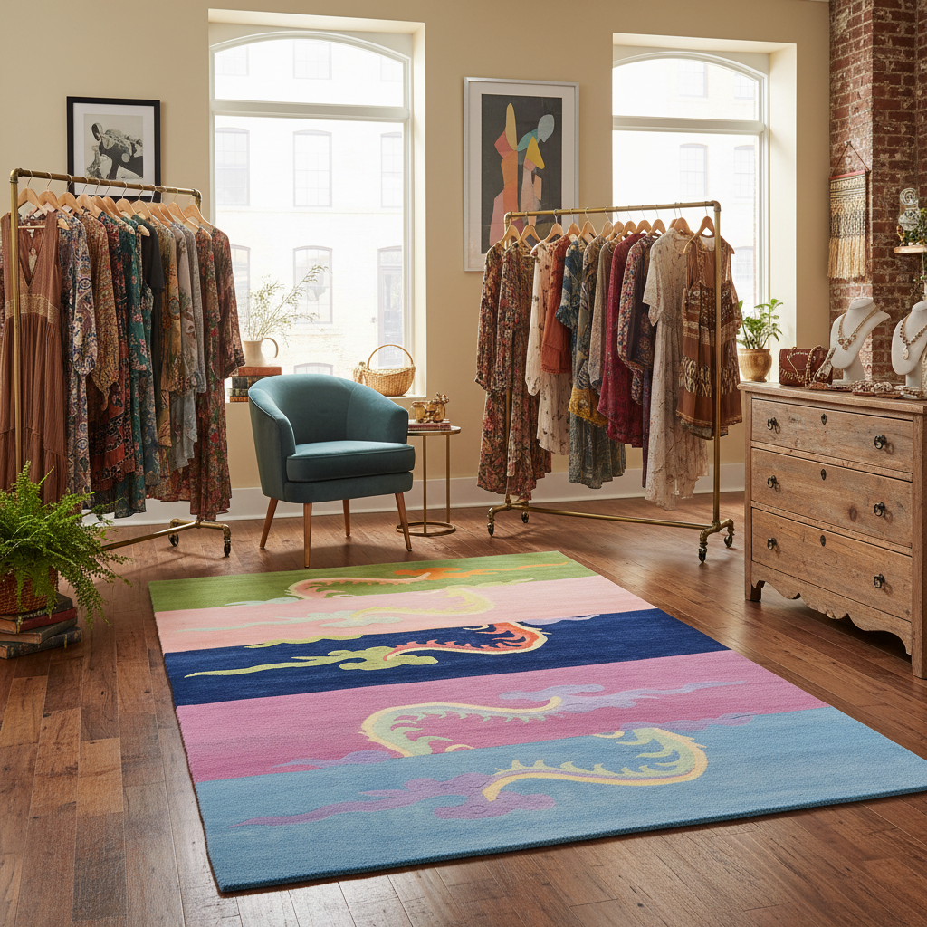 Room with colorful rug, clothing racks, and furniture.